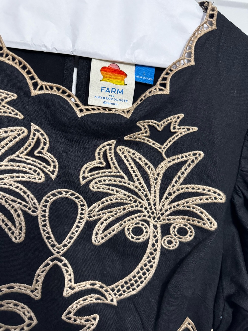 FARM Rio Black Top with Cream Cutwork Embroidery